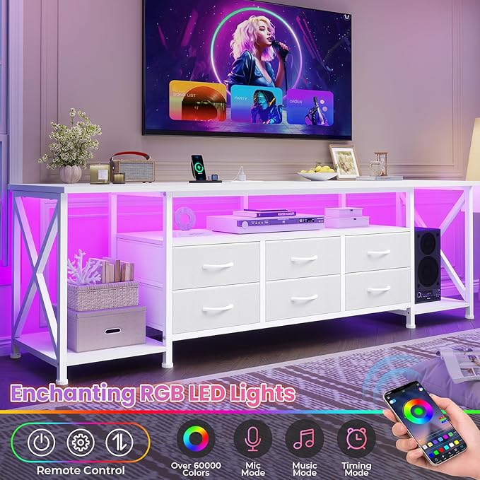 BTHFST TV Stand with LED Lights & Power Outlets, for TVs up to 80 Inches, 6 Fabric Drawers Entertainment Center with Open Storage Shelves, 63" TV Media Console Table for Living Room, Bedroom, White