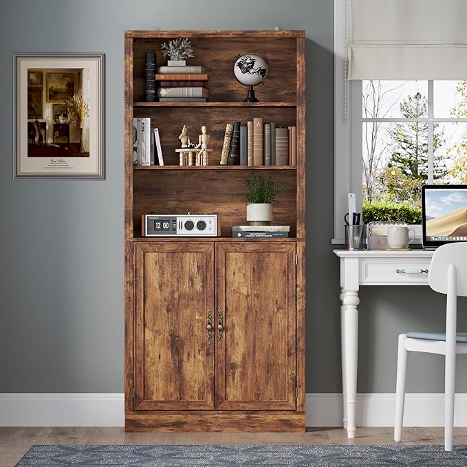 71.4" Tall Bookshelf with Cabinet, 5-Tier Floor Standing Bookcase with Doors &amp; Adjustable Shelves, 31.5" Wide Storage Shelf, Metal Handles, Modern Organizer for Home Office, Living Room