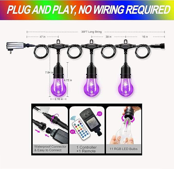 Auroraworld 35FT RGB Outdoor String Lights, Dimmable Color Changing Waterproof LED Patio Lights with Remote &amp; E26 Shatterproof Edison Bulbs for Bistro Backyard Garden Party Decor