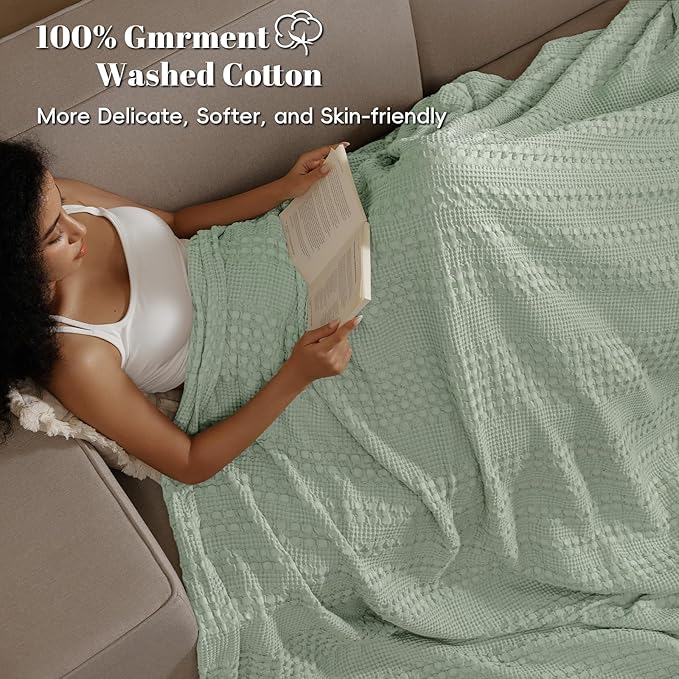 PHF 100% Cotton Waffle Weave Blanket King Size for Bed, Soft Lightweight &amp; Breathable, All-Season Comfort, Luxury Aesthetic Woven Bedding for Home Decor, 108"x90", Sage Green