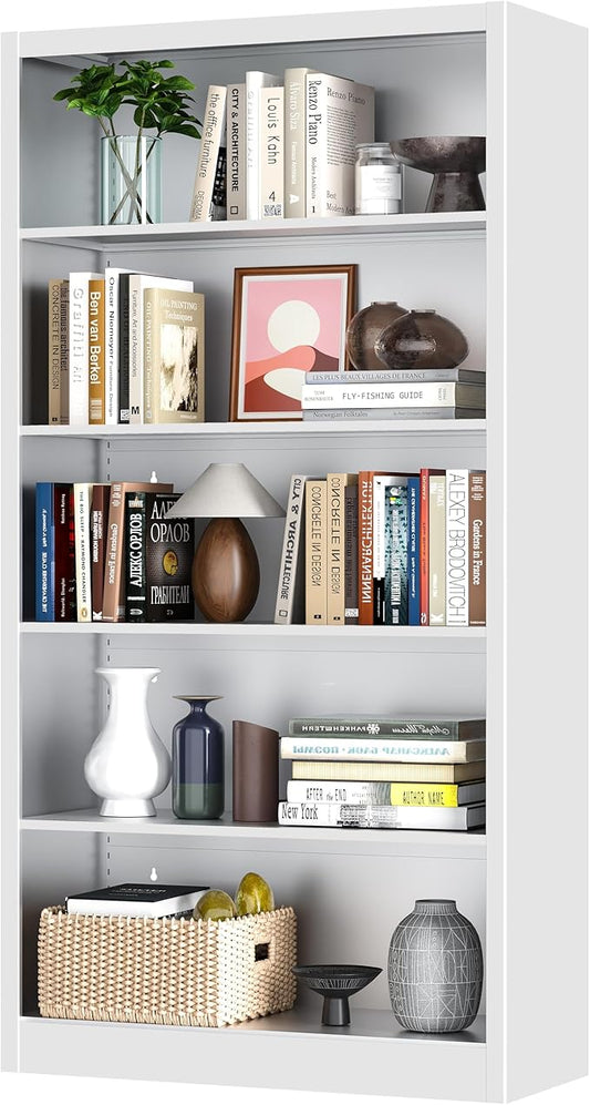 66" Tall Metal Bookcase, 5 Shelf White Bookcase with Adjustable Shelves, Large Bookshelfs and Bookcases, Modern Book Shelf Storage Organizer for Living Room, Home Office, Library