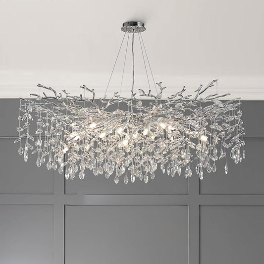 YUYI Modern Crystal Chandelier, 47" Silver Tree Branch Chandelier for Dining Room, 18-Light Round Raindrop Chandeliers for Living Room, Foyer, Entryway, Bedroom, Kitchen, Luxury Top K9 Light Fixture