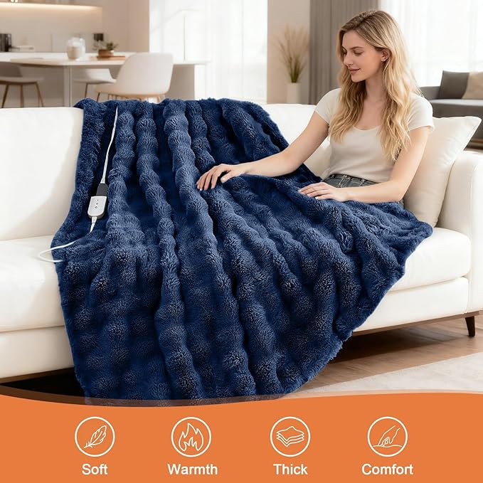 Heated Blanket Electric Throw Blanket 84''X 90''-Heating Blanket with 6 Heat Settings-4/10 Hours Auto Off,Cozy Faux Rabbit Fur Bubble Electric Blanket,Navy Blue