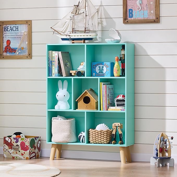 LEYAOYAO 7 Cube Bookshelf 3-Tier Bookcase with Legs, Mint-Green Kids Book Shelf Cute Storage Organizer, Toy Shelves Bookshelfs,Wood Display Bookcases