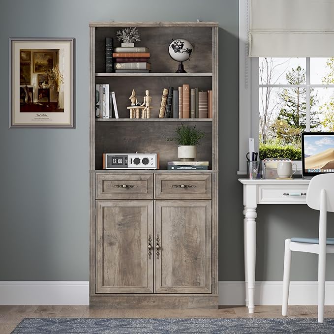 71.4" Tall Bookshelf with Drawers &amp; Cabinet, 5-Tier Floor Standing Bookcase with Storage Doors, Adjustable Shelves &amp; Metal Handles, 31.5" Wide Organizer for Home Office, Living Room