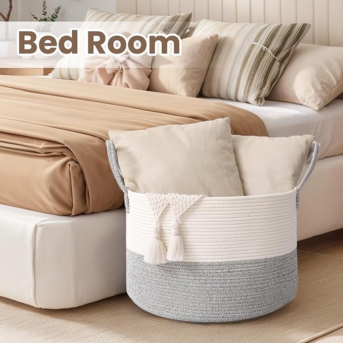 Woven Blanket Basket,115L Large Rope Storage Bin with Handles, Organizer for Blankets Toys Book and Clothes, Laundry Basket for Living Room Bedroom Nursery,White&amp;Grey