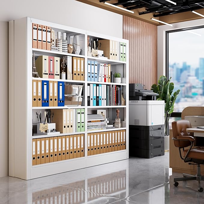 Bookshelf, 5-Tier Metal Sturdy Bookcase,71" H Tall White Bookcase with Adjustable Shelves, Heavy Duty Storage Bookshelfs and Bookcases for Living Room, Library, Home Office(White, 73" W)