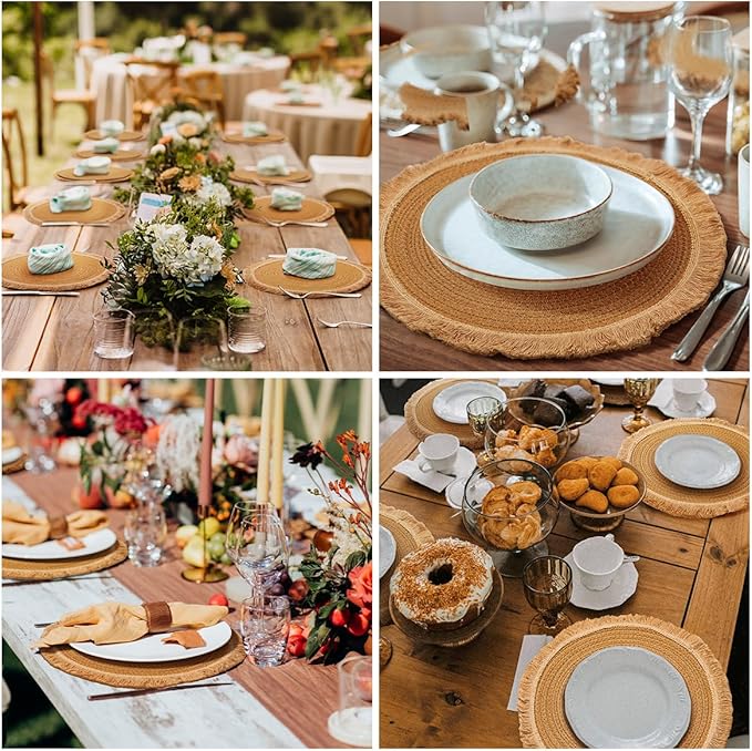 13.8 in Round Woven Boho Placemats Set of 8, Washable Cotton Farmhouse Rustic Place Mats for Dining Table Decor, Tassels Table Mats Plate Chargers for Dinner Plates