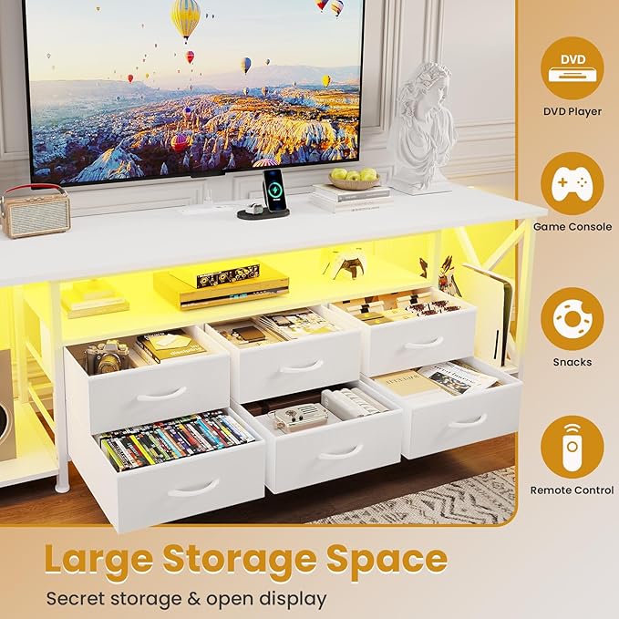 BTHFST TV Stand with LED Lights & Power Outlets, for TVs up to 80 Inches, 6 Fabric Drawers Entertainment Center with Open Storage Shelves, 63" TV Media Console Table for Living Room, Bedroom, White