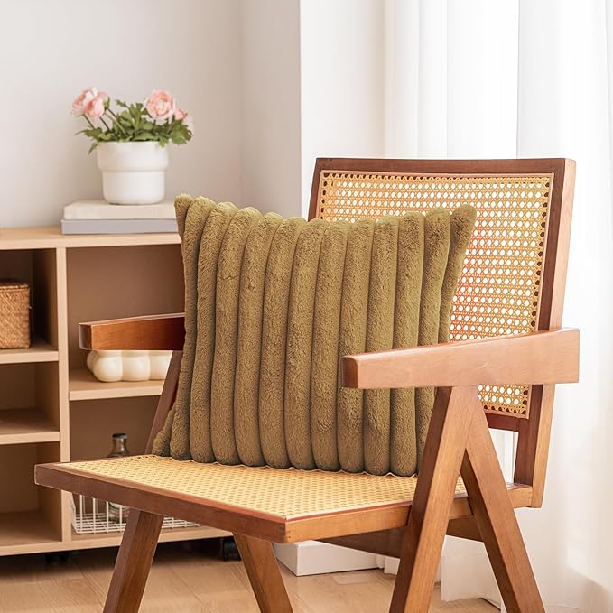 Double-Sided Faux Fur Plush Throw Pillow Covers 24x24 Set of 2 Fuzzy Striped Soft Cozy Pillowcase Luxury Decorative Pillows Square Fluffy Cushion Cover for Couch Bed Living Room,Camel