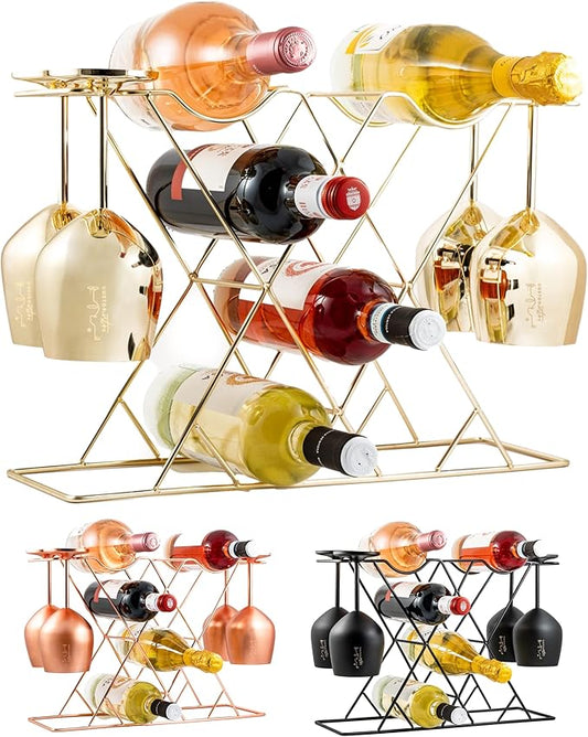 Gusto Nostro Countertop Wine Rack with Glass Holder for 8 Bottles &amp; 4 Glasses - Tabletop Modern Small Wine Rack for Home Kitchen Cabinet Wine Cellar Storage - No Assembly Wine Bottle Holder (Gold)