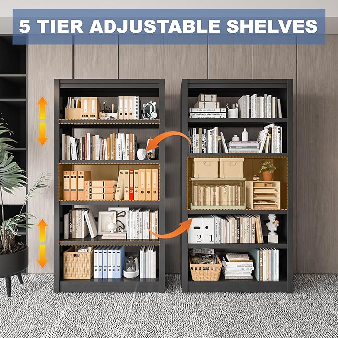 Metal Bookshelf Adjustable - 61" Tall Black Bookcase, 5 Tier Book Shelf, Toothless Assembly Book Case, Modern Bookshelfs and Bookcases for Home Office, Living Room, Bedroom, Library