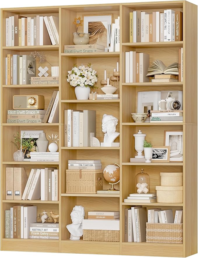 Triple Wide Bookshelf, 6 Tier Large Bookshelf, Bookcase with 17 Open Display Shelves, 74'' Tall Bookcases and Bookshelfs for Living Room, Home Office, Library, Natural