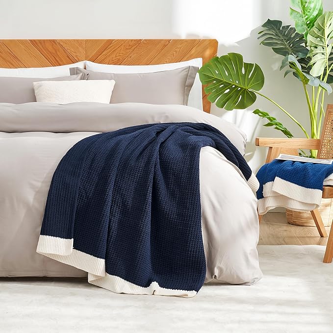 Amélie Home Waffle Throw Blanket for Couch, Soft Cozy Chenille Knit Blanket Warm Decorative Throw for Sofa, 50"x60", Navy Blue