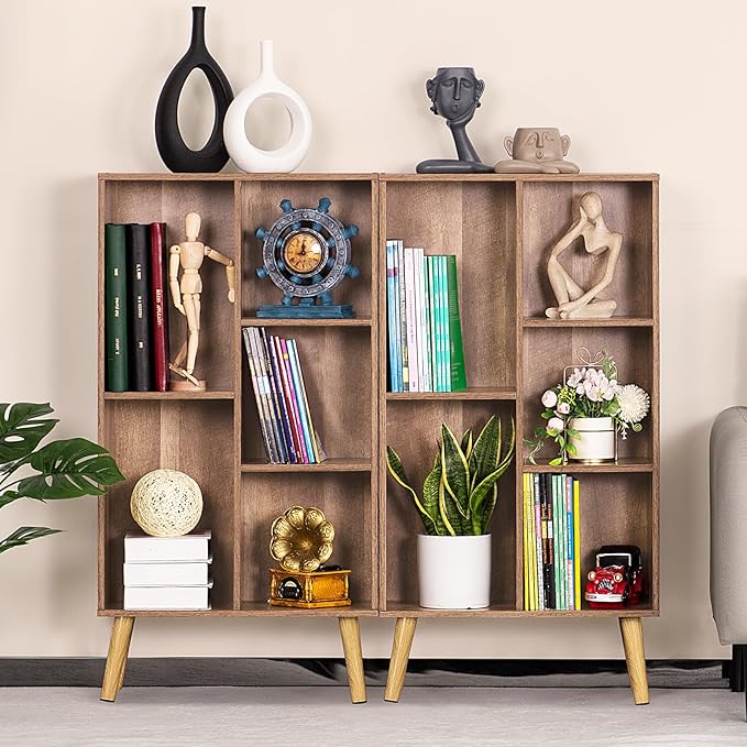 LEYAOYAO 5 Cube Small Bookshelf,3 Tier Mid-Century Bookcase with Legs,Wood Kids Bookshelves Storage Organizer Shelf,Free Standing Narrow Book Shelves,Oak Gray Corner Bookcases for Bedroom,Living Room