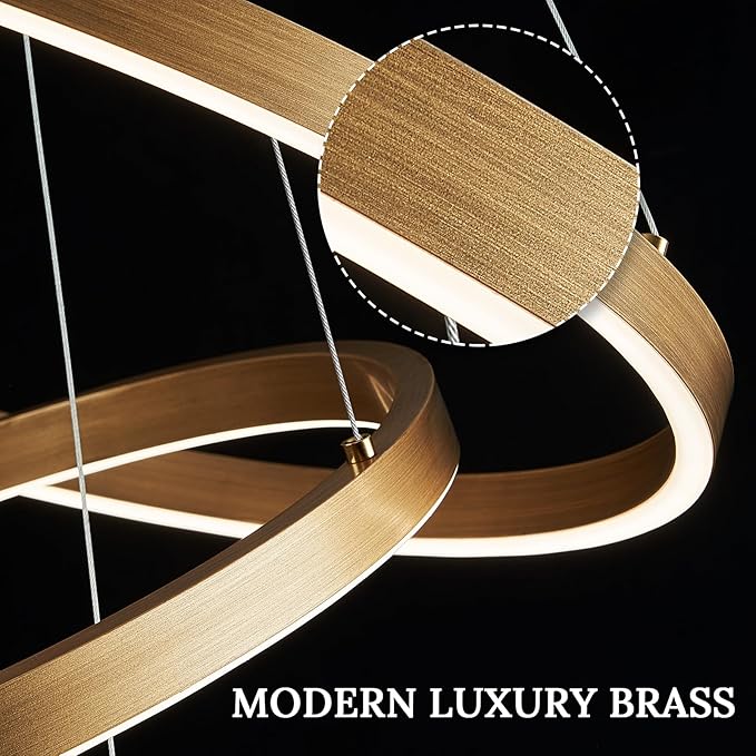 LED 3-Ring Chandelier Gold Dimmable Modern Pendant Light with Remote Control Vintage Brass LED Circle Chandelier for Dining Room Entry Foyer Bedroom Living Room,75W