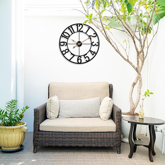Extra Large 18 Inch Outdoor Wall Clock, Black Metal Modern Minimalist Battery Operated Silent Clock for Patio, Pool, Garden, Living Room, Kitchen, Office, Bedroom Decor with Easy to Read Numbers