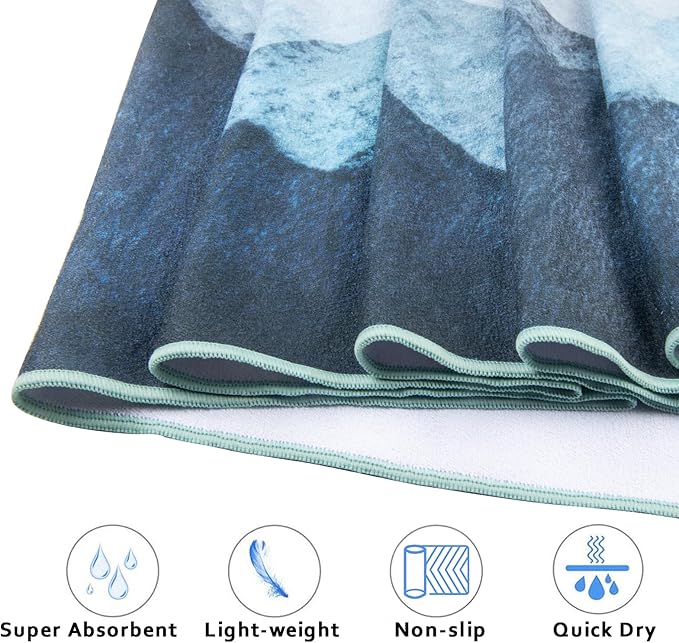 QiyI Yoga Mat Towel with Corner Pockets, Non Slip Sweat Absorbent Hot Yoga Towels, Soft Yoga Blankets with Travel Bag, Skidless Mat Cover for Workout, Gym, Fitness - 70"x26", Watercolor Mountain