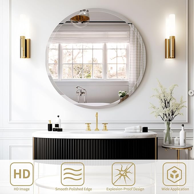 36" Frameless Beveled Round Mirror with 1" Edge for Bathroom, Entryways, Vanity, Wall Decor