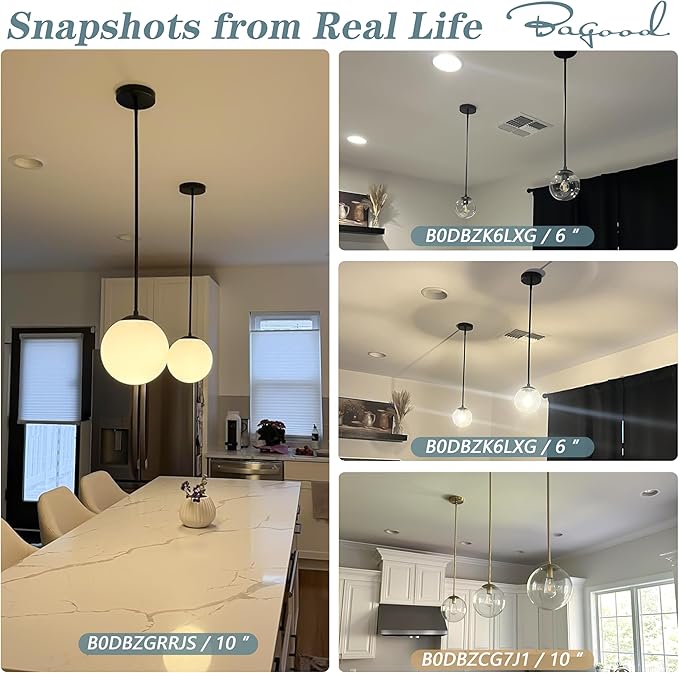 8 Inch Black Mid Century Pendant Light Globe Clear Glass Fixture Lights Kitchen Island Globe Pendant Light Mid Century Adjustable Hanging Farmhouse Lights Fixtures for Kitchen Island