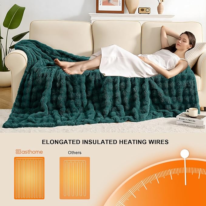 Heated Blanket Electric Throw Blanket 62''X 84''-Heating Blanket with 6 Heat Settings-4/10 Hours Auto Off,Cozy Faux Rabbit Fur Bubble Electric Blanket,Dark Green