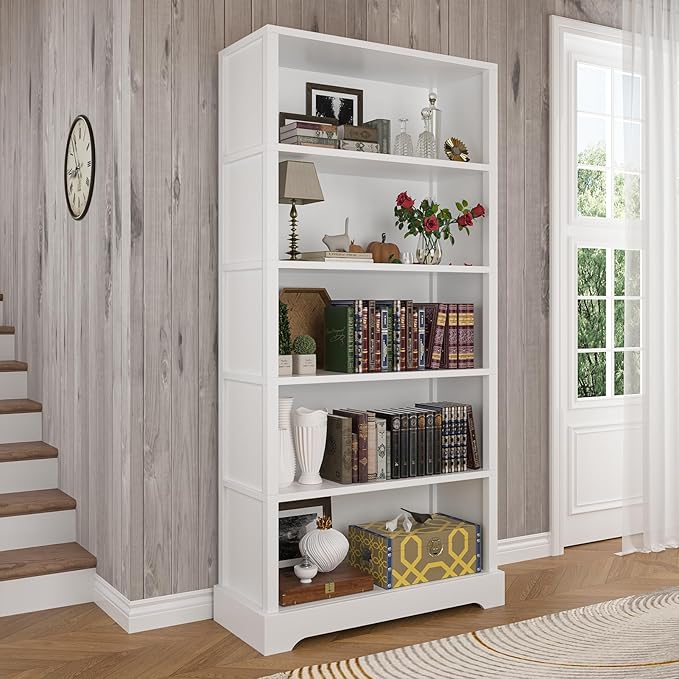 TVU 5-Tier Wooden Book Shelf, 65" Tall Bookshelf with Storage, Floor-Standing Display Bookcase, Farmhouse Style Bookshelf with Arched Base, Suitable for Living Room, Study, Office, White