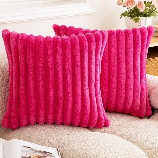 Double-Sided Faux Fur Plush Throw Pillow Covers 20x20 Set of 2 Fuzzy Striped Soft Cozy Pillowcase Luxury Decorative Pillows Square Shaggy Cushion Covers for Couch Sofa Bed,Hot Pink