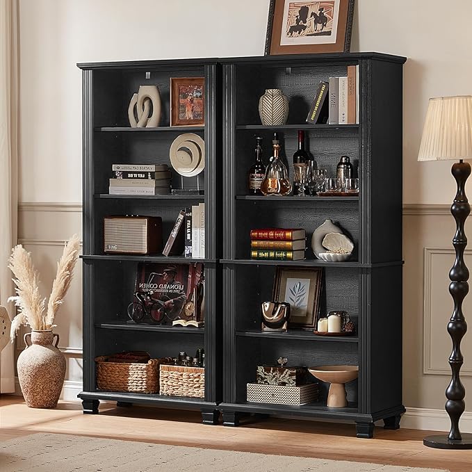 70" Tall Black Bookshelf,5 Tier Wooden Book Shelf with Adjustable Shelves &amp; Wood Legs,Free Standing Farmhouse Bookcase with Open Display Storage,Vintage Bookshelfs for Living Room,Office
