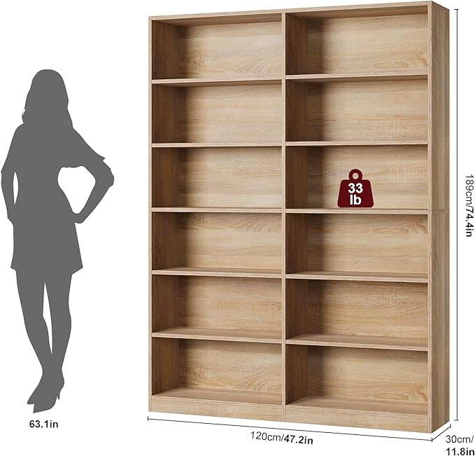 Bookshelf and Bookcase, 6-Tier Double Wide Bookshelfs,Freestanding Display Storage Shelves, Tall Bookcases for Home Decor Bedroom, Living Room, Home Office, Light Oak
