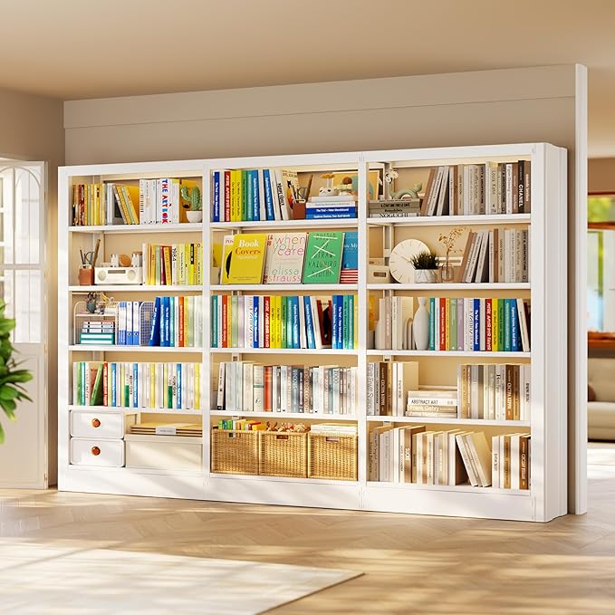 Bookshelf, 5-Tier Metal Sturdy Bookcase,71" H Tall White Bookcase with Adjustable Shelves, Heavy Duty Storage Bookshelfs and Bookcases for Living Room, Library, Home Office(White, 108.6" W)