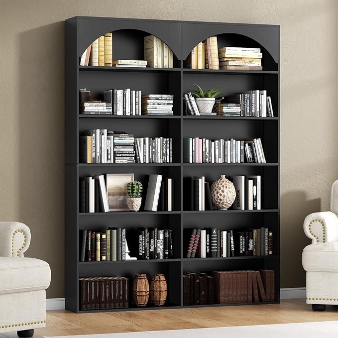 70.8'' Tall Bookshelf and Bookcase, 7-Tier Double Wide Bookcase Modern Large Open Display Shelves with Curved Baffle for Home Office Living Room (Black)