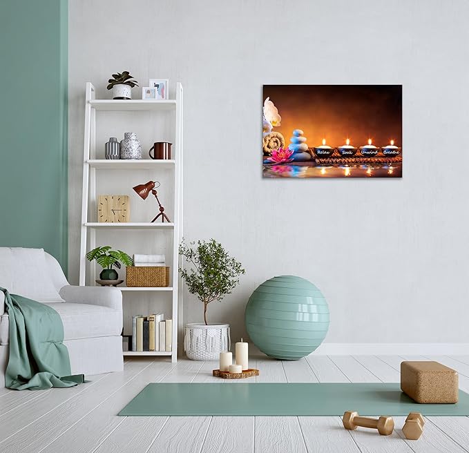 Zen Wall Art Lotus Flower Decor Breathe Canvas Picture Candles Relaxing Peaceful Poster Prints for Zen Spa Room Living Room Bedroom(28.00" x 44.00")