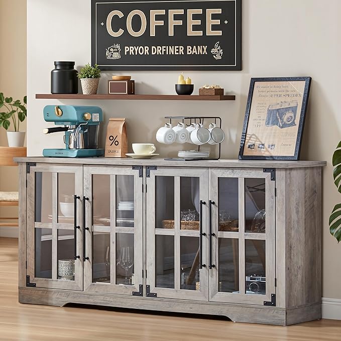 AMERLIFE Farmhouse 63" Buffet Sideboard Cabinet with Glass Door, Large Storage Cabinet with Adjustable Shelf, Wooden Coffee Bar Station for Kitchen, Dinning Room, Rustic Gray