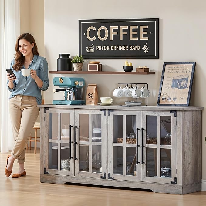 AMERLIFE Farmhouse 63" Buffet Sideboard Cabinet with Glass Door, Large Storage Cabinet with Adjustable Shelf, Wooden Coffee Bar Station for Kitchen, Dinning Room, Rustic Gray