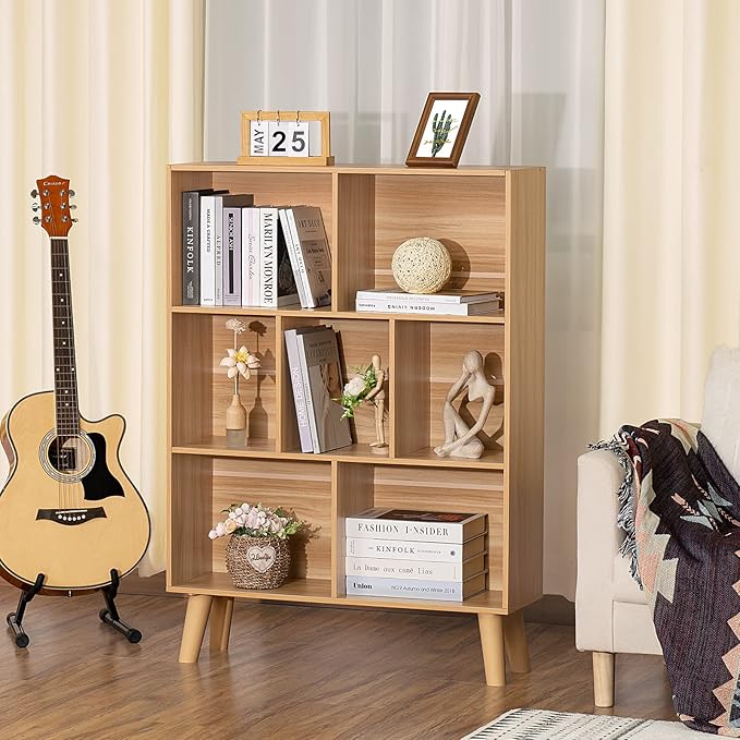 LEYAOYAO Wooden 7 Cube Book Shelf, Natural 3 Tier Bookshelf with Legs, Modern Open Storage Organizer,Boho Bookcase,Display Cabinet Shelf Free Standing Bookshelfs for Bedroom,Living Room,Office