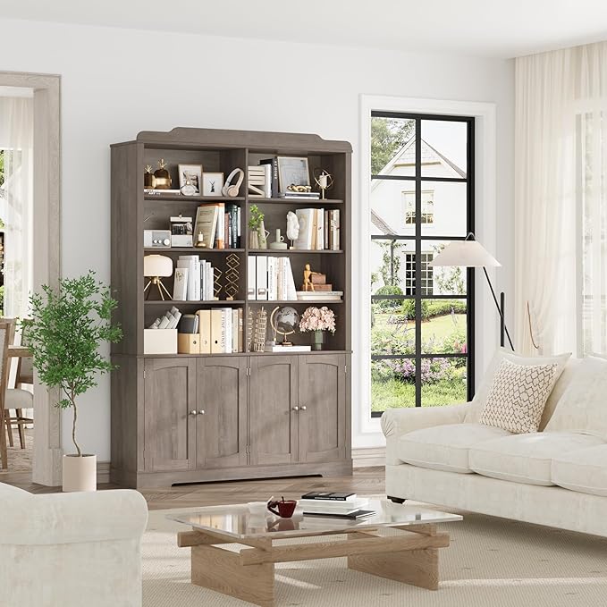 73.1" Tall Bookcase and Bookshelf, Wide Bookshelf with Doors and Adjustable Shelves, 6 Tier Large Bookshelf with Storage, Tall Storage Cabinet for Living Room, Home Office, Wash Gray