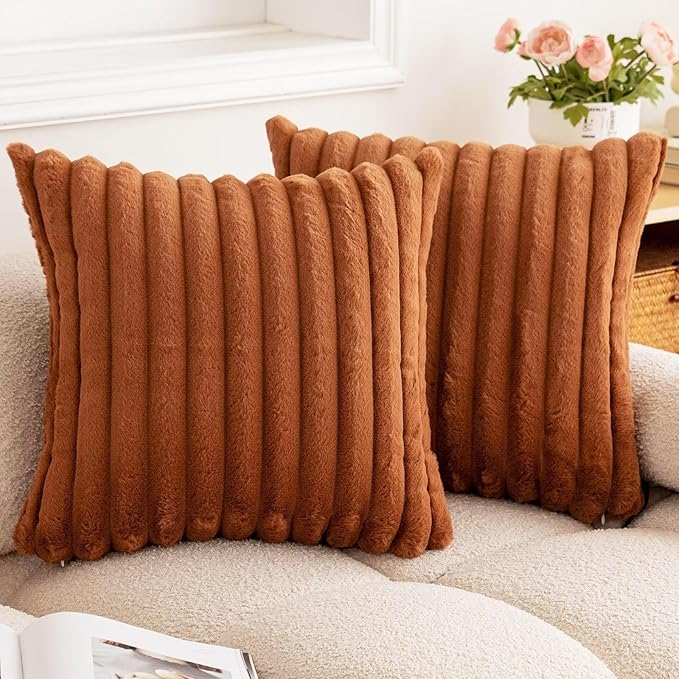 Double-Sided Faux Fur Plush Throw Pillow Covers 18x18 Set of 2 Fuzzy Striped Soft Cozy Pillowcase Luxury Decorative Pillows Square Shaggy Cushion Covers for Couch Sofa Bed,Brown