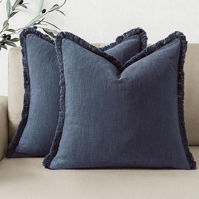 Woaboy Set of 2 Decorative Linen Fringe Throw Pillow Covers Boho Farmhouse Cushion Covers Accent Pillowcases with Tassels for Living Room Couch Sofa Bed Chair,22x22 Inch,Blue