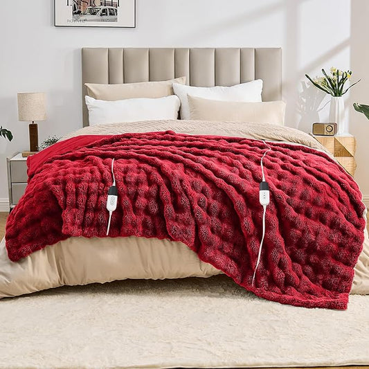 Heated Blanket Electric Throw Blanket 84''X 90''-Heating Blanket with 6 Heat Settings-4/10 Hours Auto Off,Cozy Faux Rabbit Fur Bubble Electric Blanket,Red