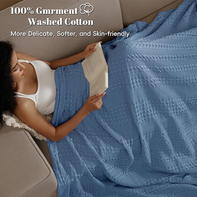 PHF 100% Cotton Waffle Weave Blanket Queen Size for Bed, Soft Lightweight &amp; Breathable, All-Season Comfort, Luxury Aesthetic Woven Bedding for Home Decor, 90"x90", Captain's Blue