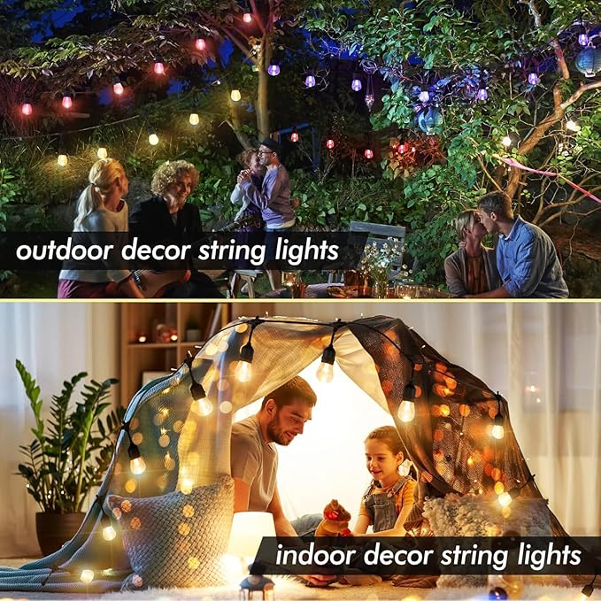 Auroraworld 48FT Solar RGB Outdoor String Lights, Dimmable Waterproof LED Patio Lights with Remote, 15 Shatterproof Bulbs for Garden Party Decor