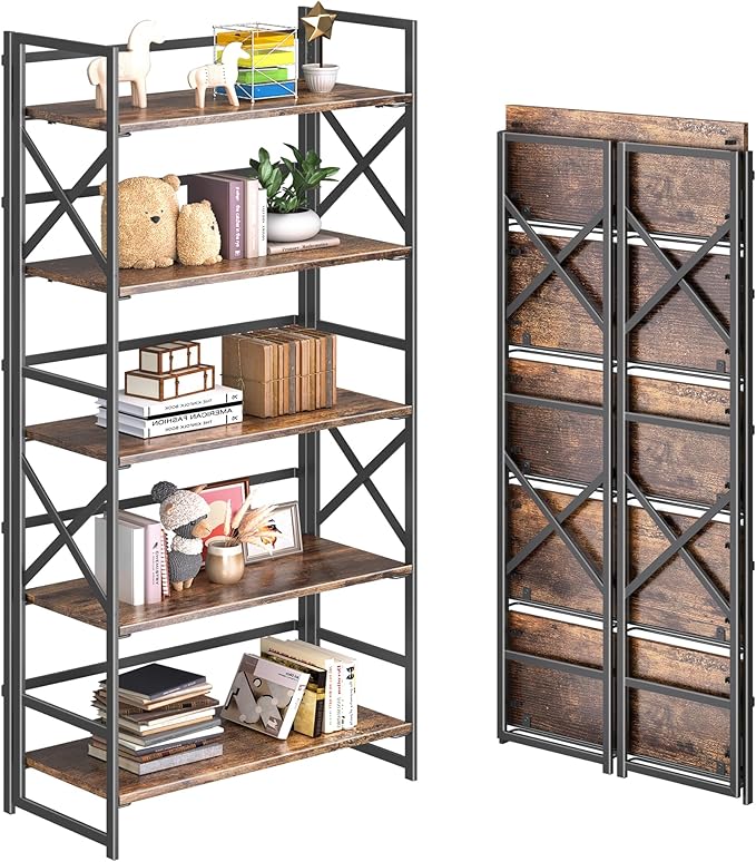 4NM 5 Tiers No Assembly Book Shelves, 51.2" H Folding Bookshelf Bookcase Open Industrial Foldable Shelves for Bedroom, Living Room, Home Office - Rustic Brown Black
