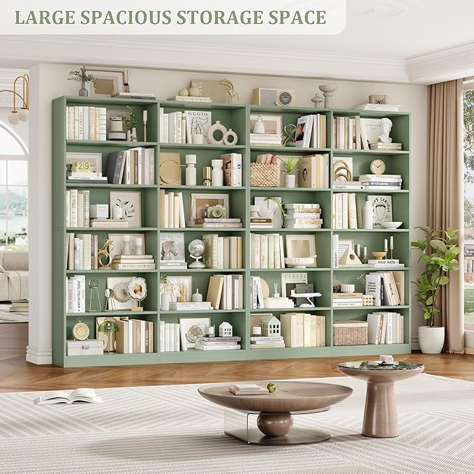 Bookshelf and Bookcase, 6-Tier Double Wide Bookshelves, Freestanding Display Storage Shelves, Tall Bookcases for Home Decor Bedroom, Living Room, Home Office, Green