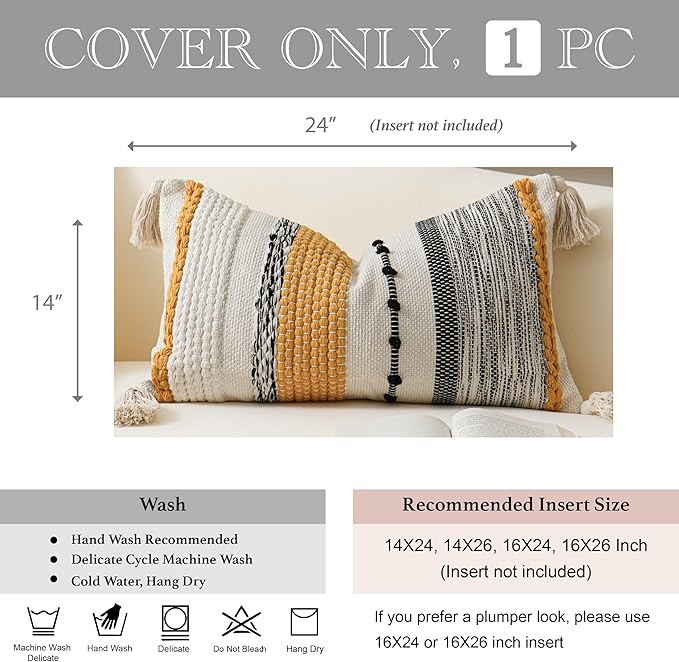 Fall Decorative Lumbar Throw Pillow Cover 14x24 Boho Yellow Mustard Accent Cushion for Couch Sofa Farmhouse Pillowcase for Bedroom Living Room Home Décor Cover ONLY