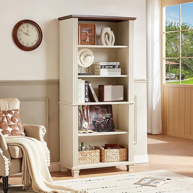 70" Tall White Bookshelf,5 Tier Wood Book Shelf with Adjustable Shelves &amp; Wood Legs,Free Standing Farmhouse Bookcase with Open Display Storage,Vintage Kids Bookshelfs for Nursery,3PCS