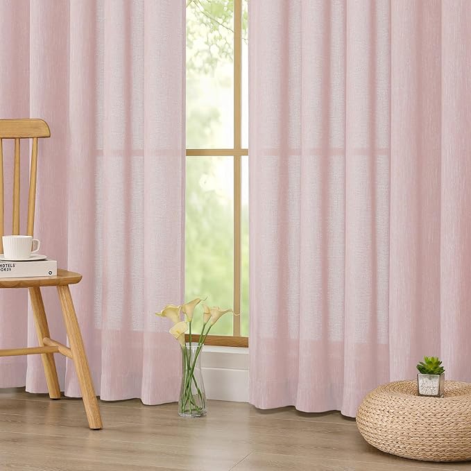 Simplebrand Blush Semi Sheer Faux Linen Textured Curtains 84 Inches Long 2 Panels, Light Filtering Farmhouse Bedroom Curtains, Farmhouse Rod Pocket Soft Thick Window Drapes for Living Room, 50Wx84L
