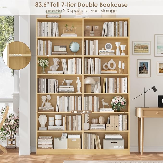 83.6" Tall Bookshelf and Bookcase, 7-Tier Extra Large Bookshelf with Double Storage, 14 Open Display Shelves for Home Office, Study and Living Room, Natural