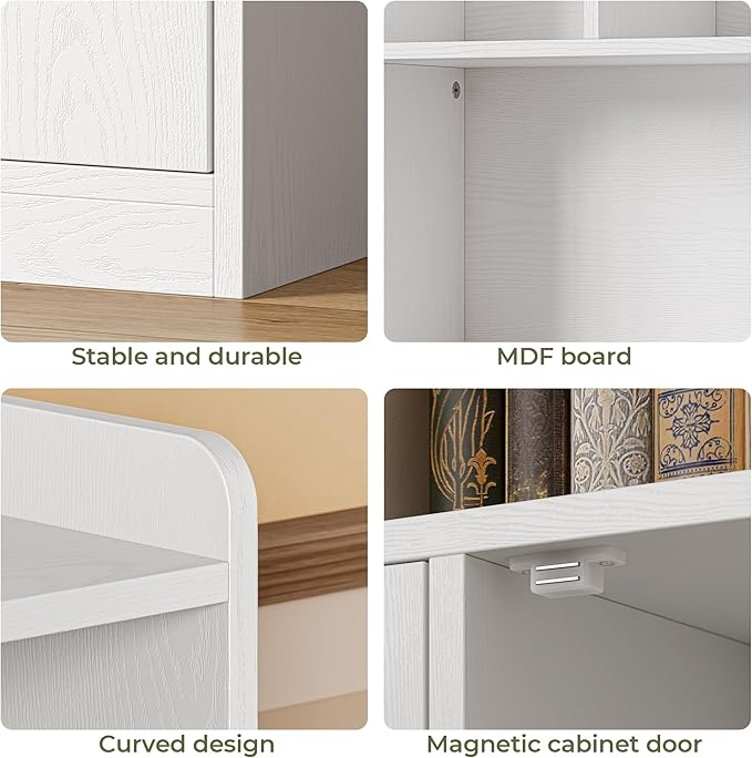 IRONCK Bookshelfs and Bookcase, 6 Tiers Large Bookshelf with 4 Doors, Floor Standing Tall Display Storage Shelves for Home Office, Living Room, Bedroom, White