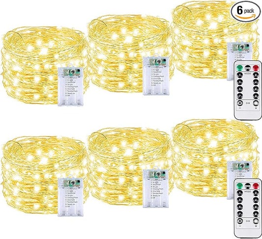 6 Pack 60LED Battery Operated Fairy Lights with Remote, 8 Modes LED String Lights with Timer, Dimmable, Memory Function, Waterproof Twinkle Fairy Lights for Outdoor Indoor Christmas Decor(Warm White)