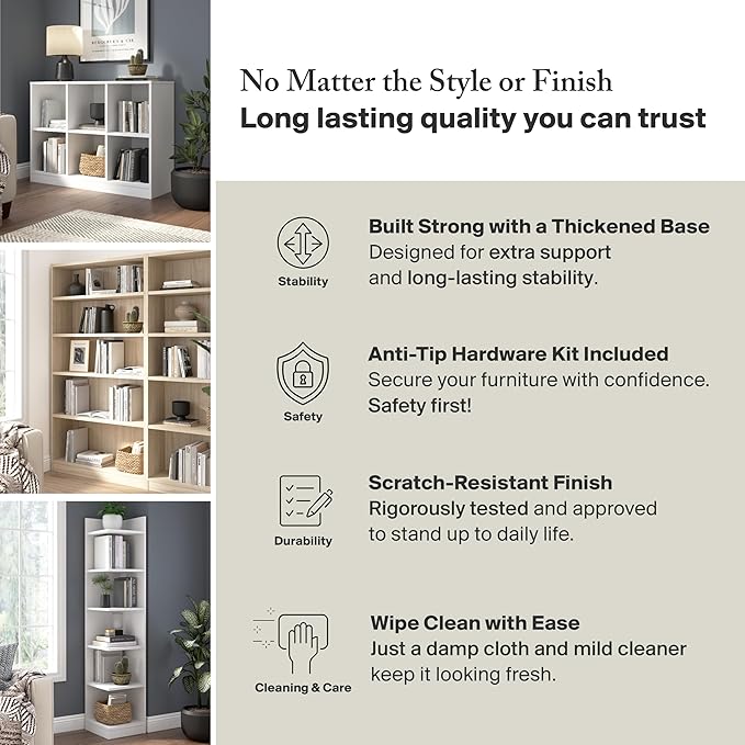 Bush Furniture Universal Tall 5 Shelf Bookcase in Natural Elm, Vertical Storage and Display Bookshelf for Home Office or Living Room Organization